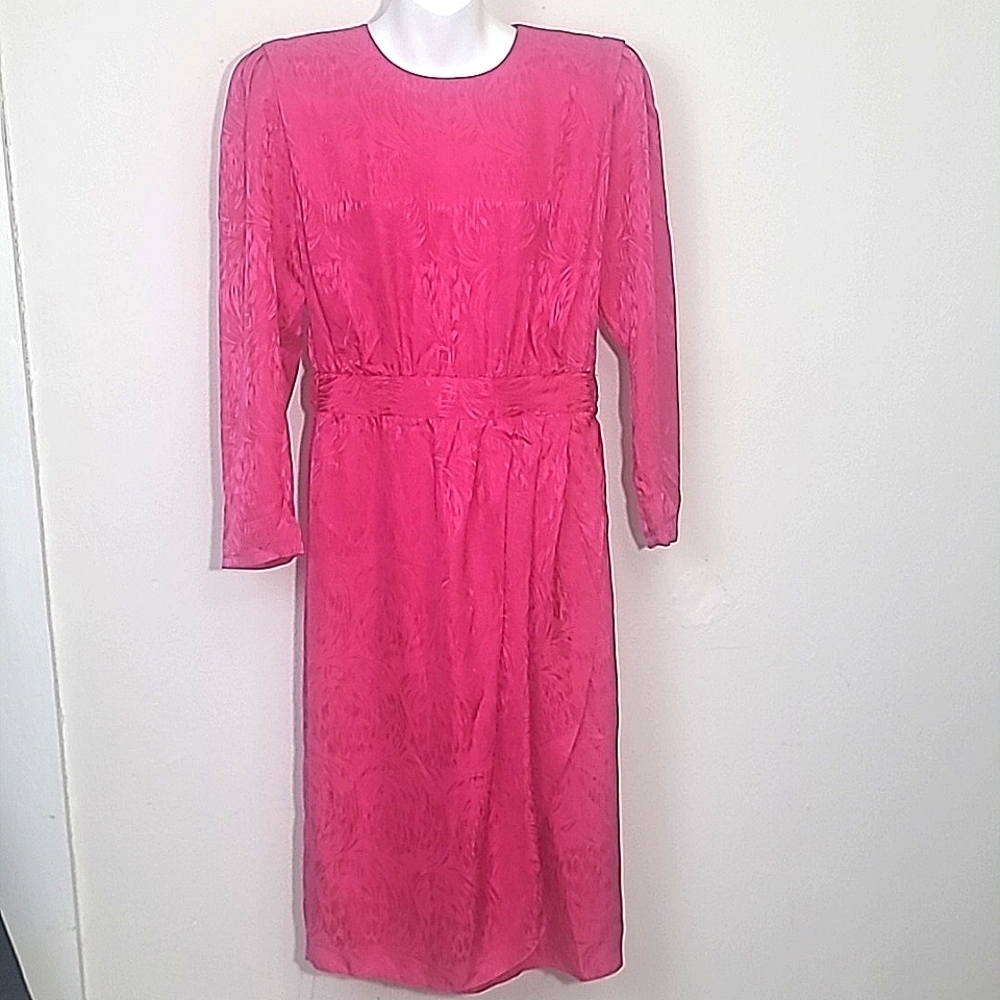 💖 Nora Noh 1980s Vintage Silk Midi Dress Bright Pink Moiré Size 8 Iconic Design - Picture 2 of 7